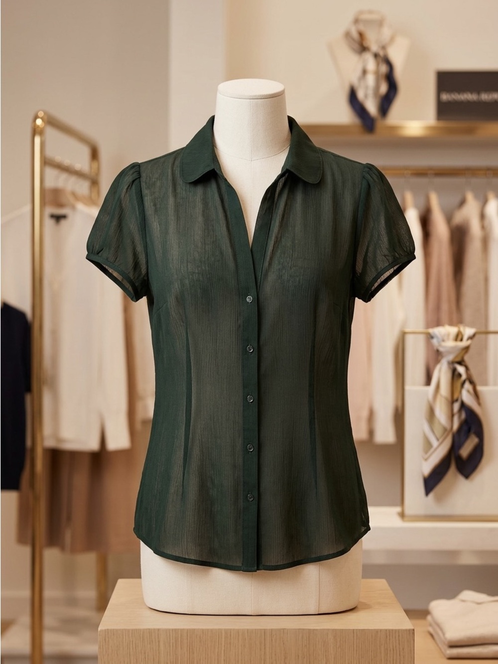Banana Republic Semi-Sheer Short Sleeve Button Front Blouse